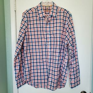Justin Tailored Fit Long Sleeve Button Down Shirt Orange Blue Plaid Size Large